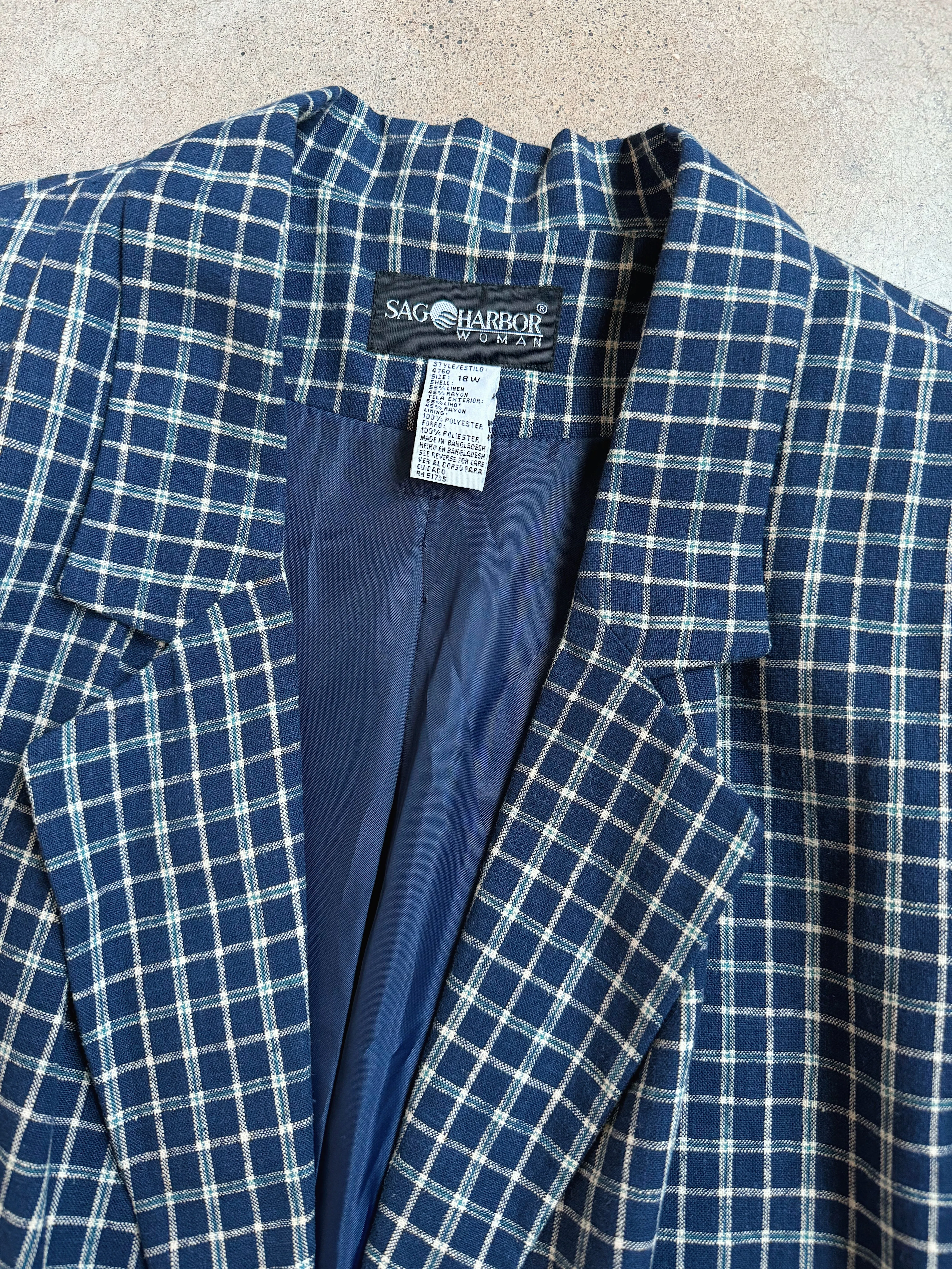 90s Vintage Navy Plaid Linen Blazer (XL/XXL)