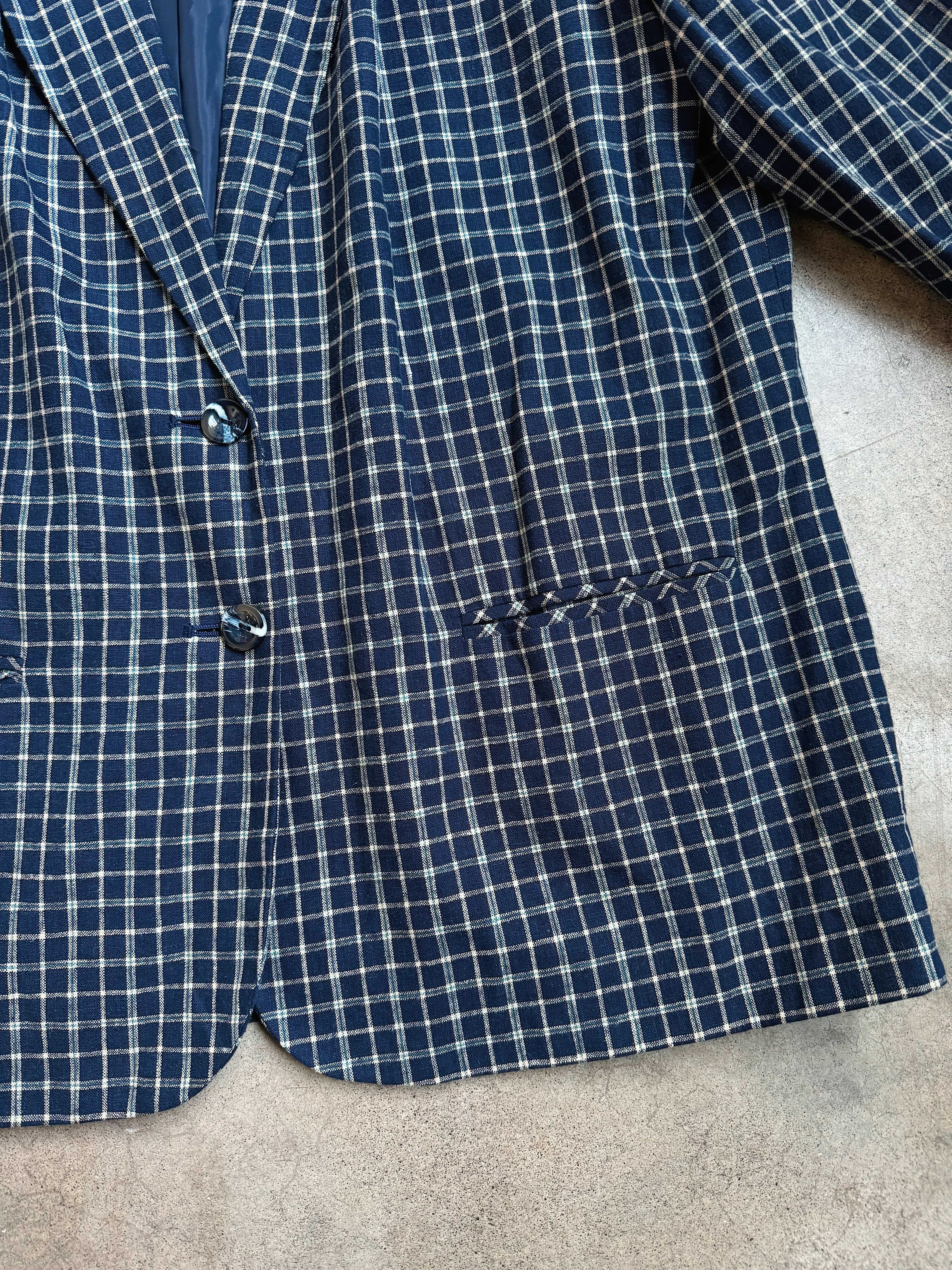 90s Vintage Navy Plaid Linen Blazer (XL/XXL)