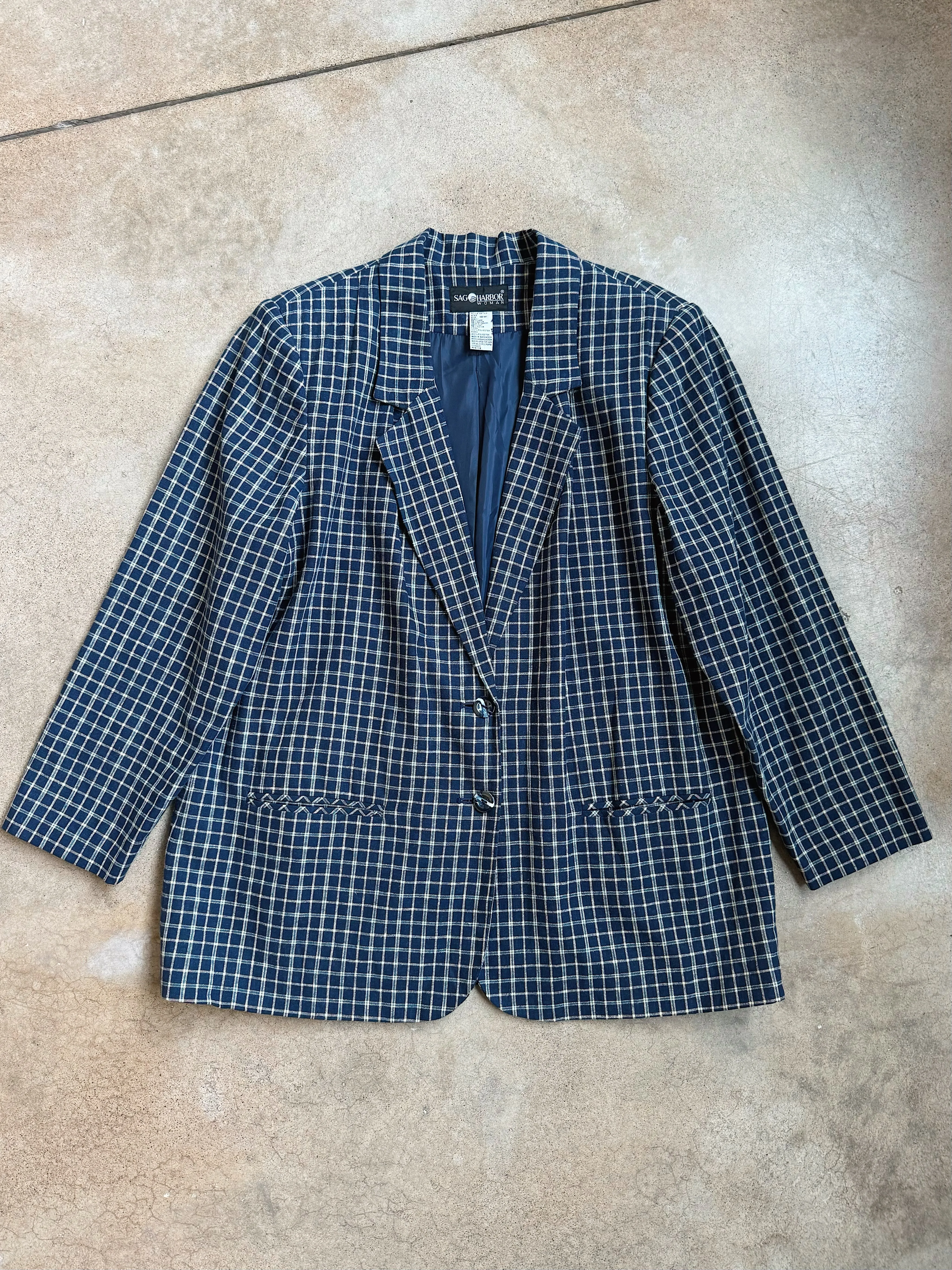 90s Vintage Navy Plaid Linen Blazer (XL/XXL)