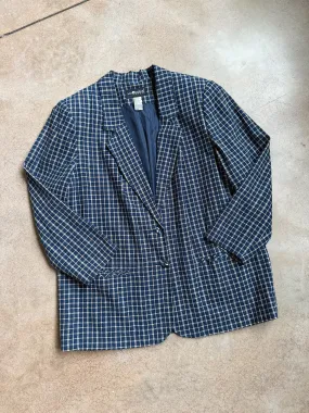 90s Vintage Navy Plaid Linen Blazer (XL/XXL)