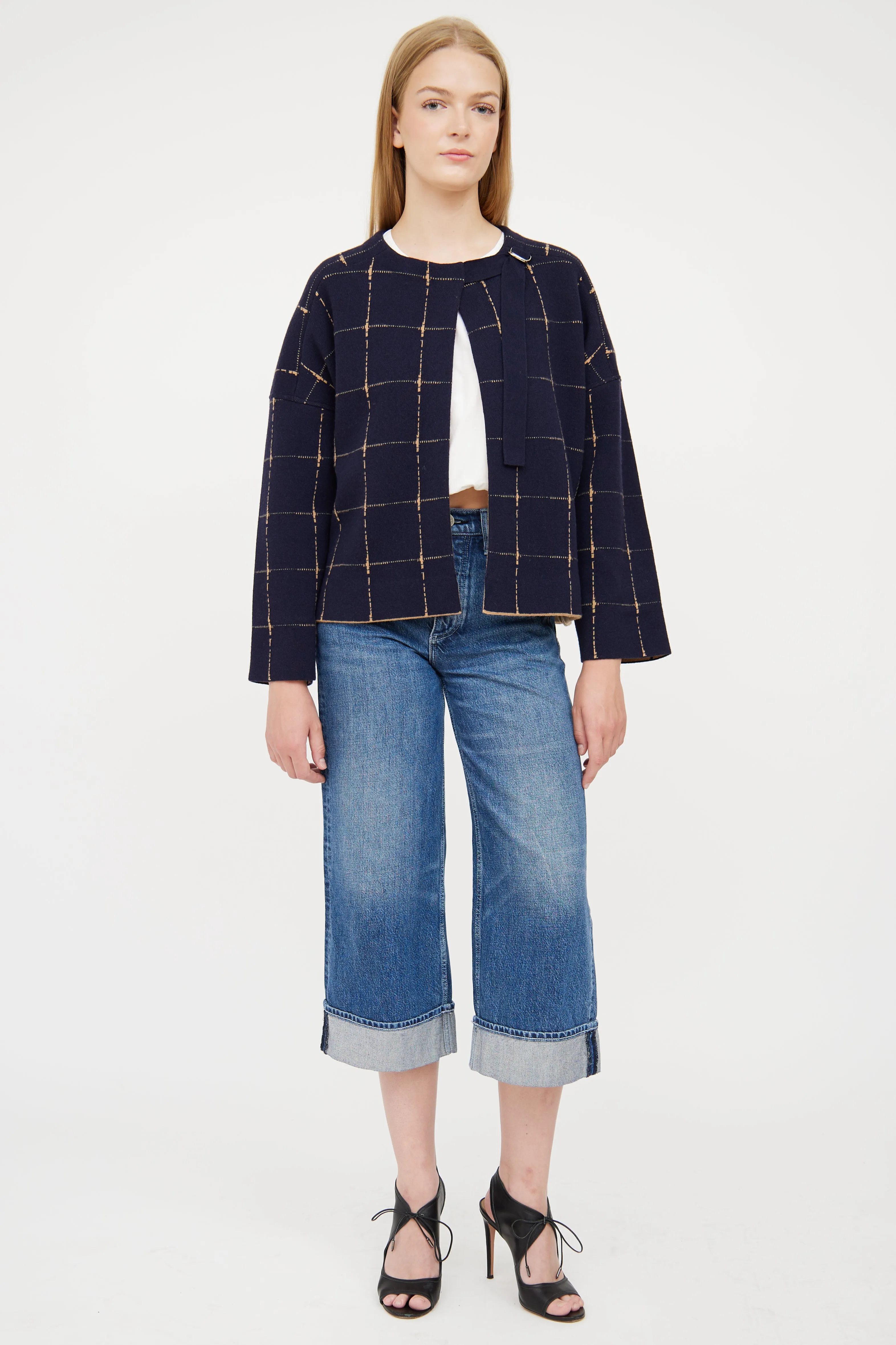 Beige & Navy Reversible Plaid Jacket
