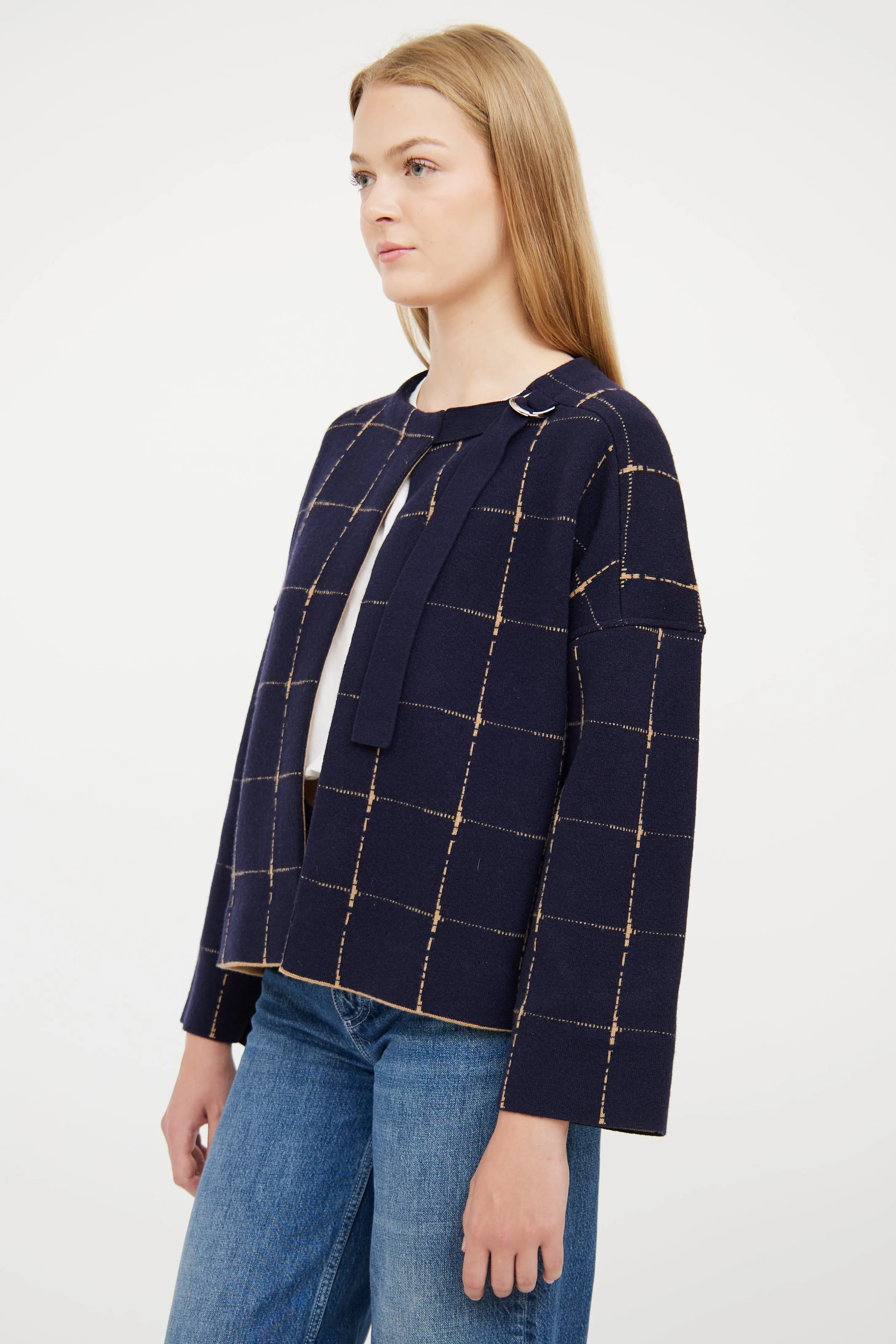 Beige & Navy Reversible Plaid Jacket