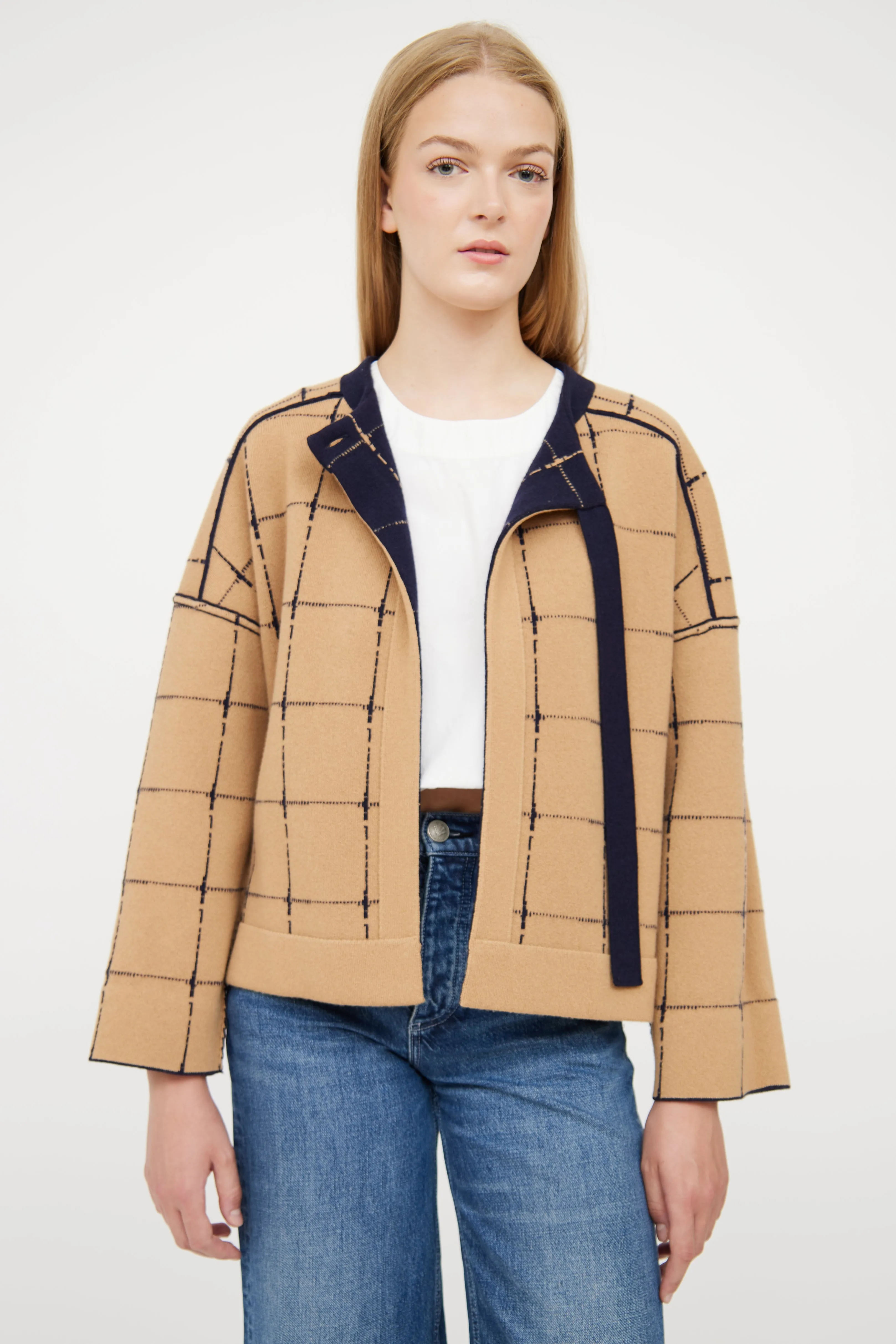 Beige & Navy Reversible Plaid Jacket