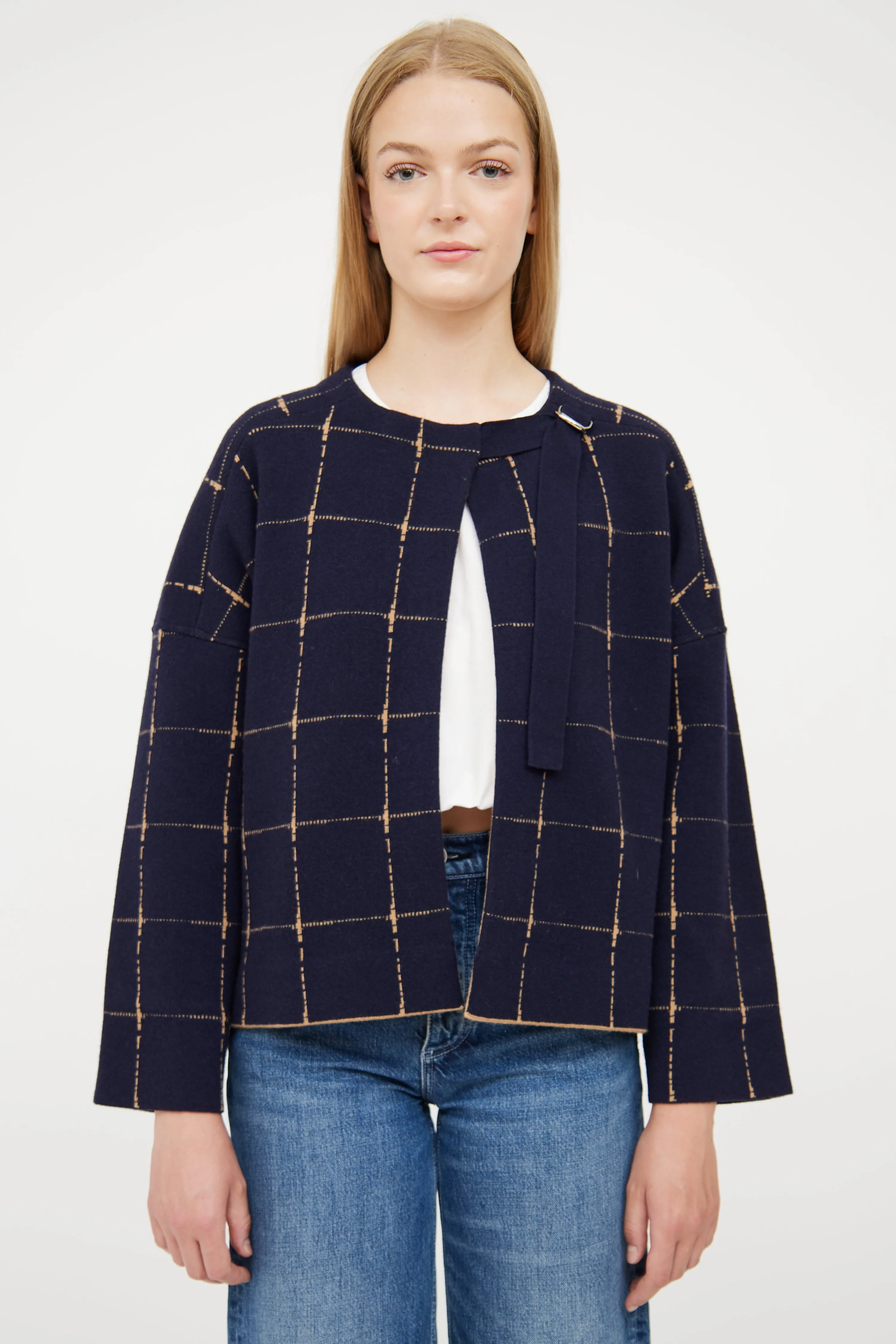 Beige & Navy Reversible Plaid Jacket