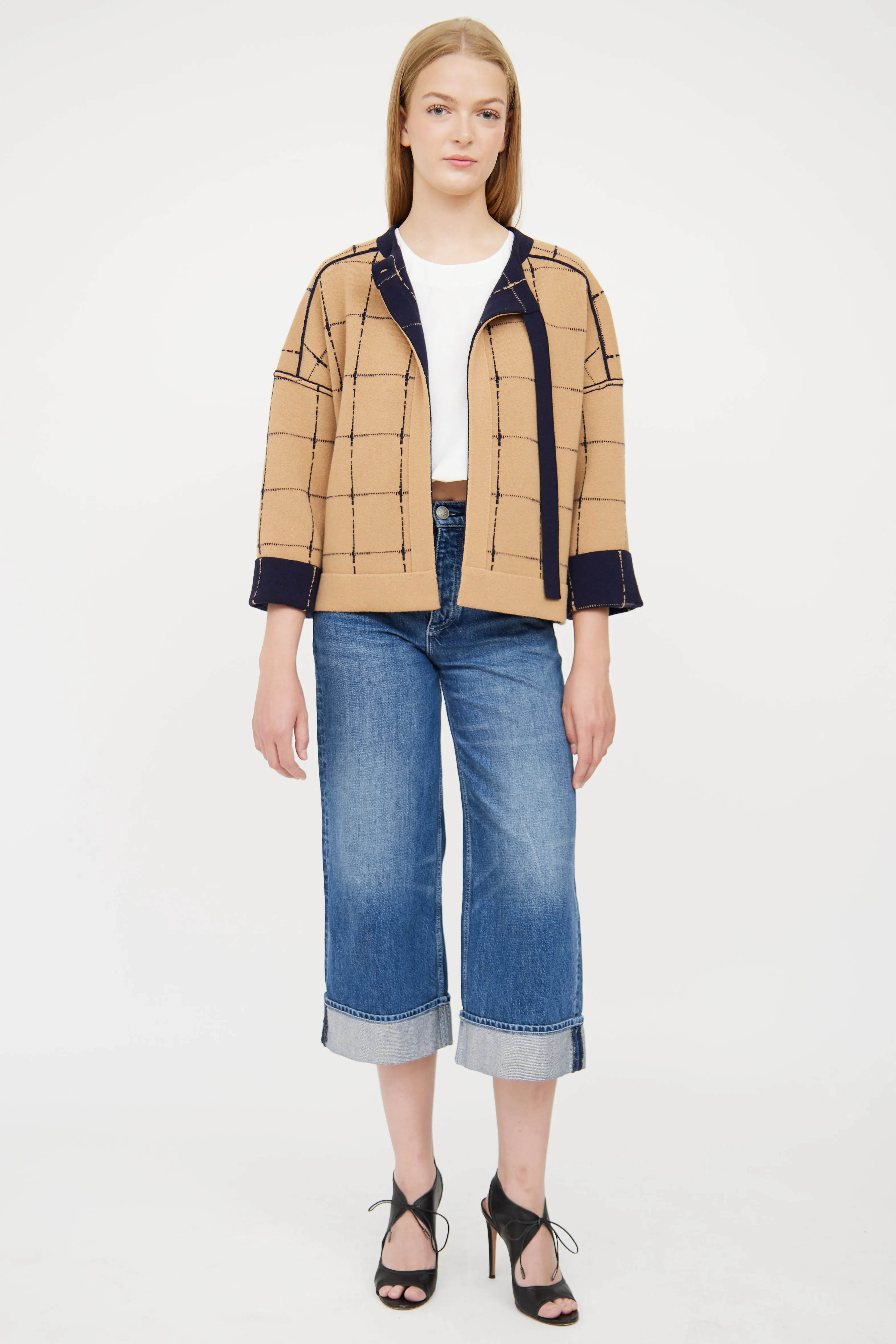 Beige & Navy Reversible Plaid Jacket