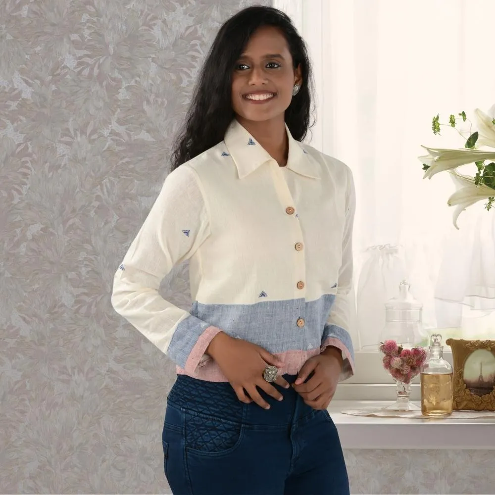 Bhujodi Kala Cotton Shirt for Women | Hand-Crafted | White Blue Red
