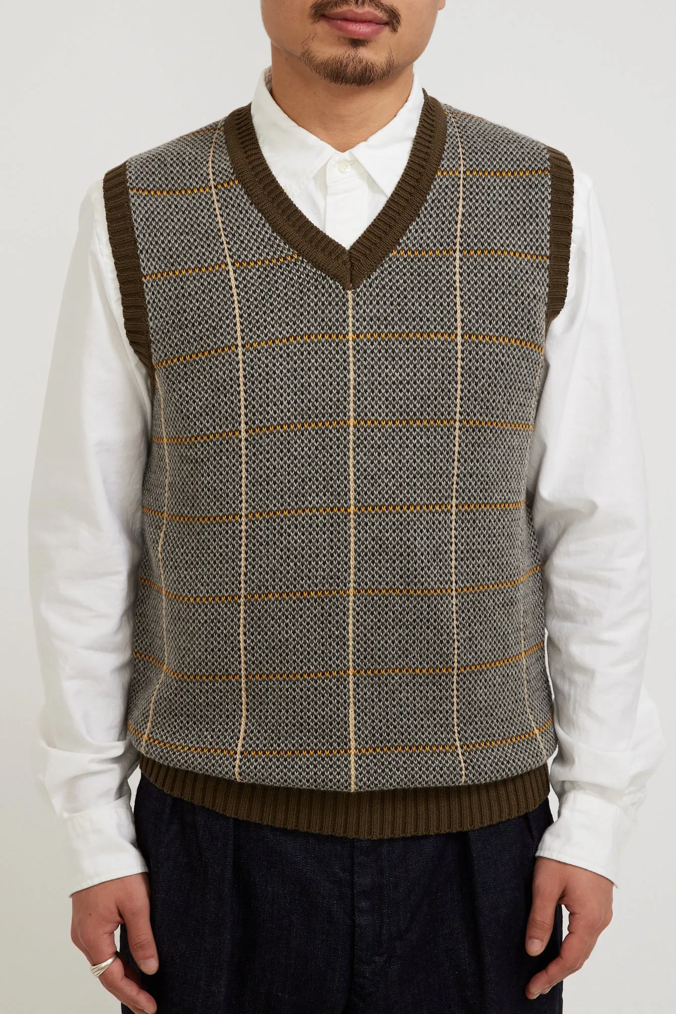 Cotton Linen Vest Plaid Olive