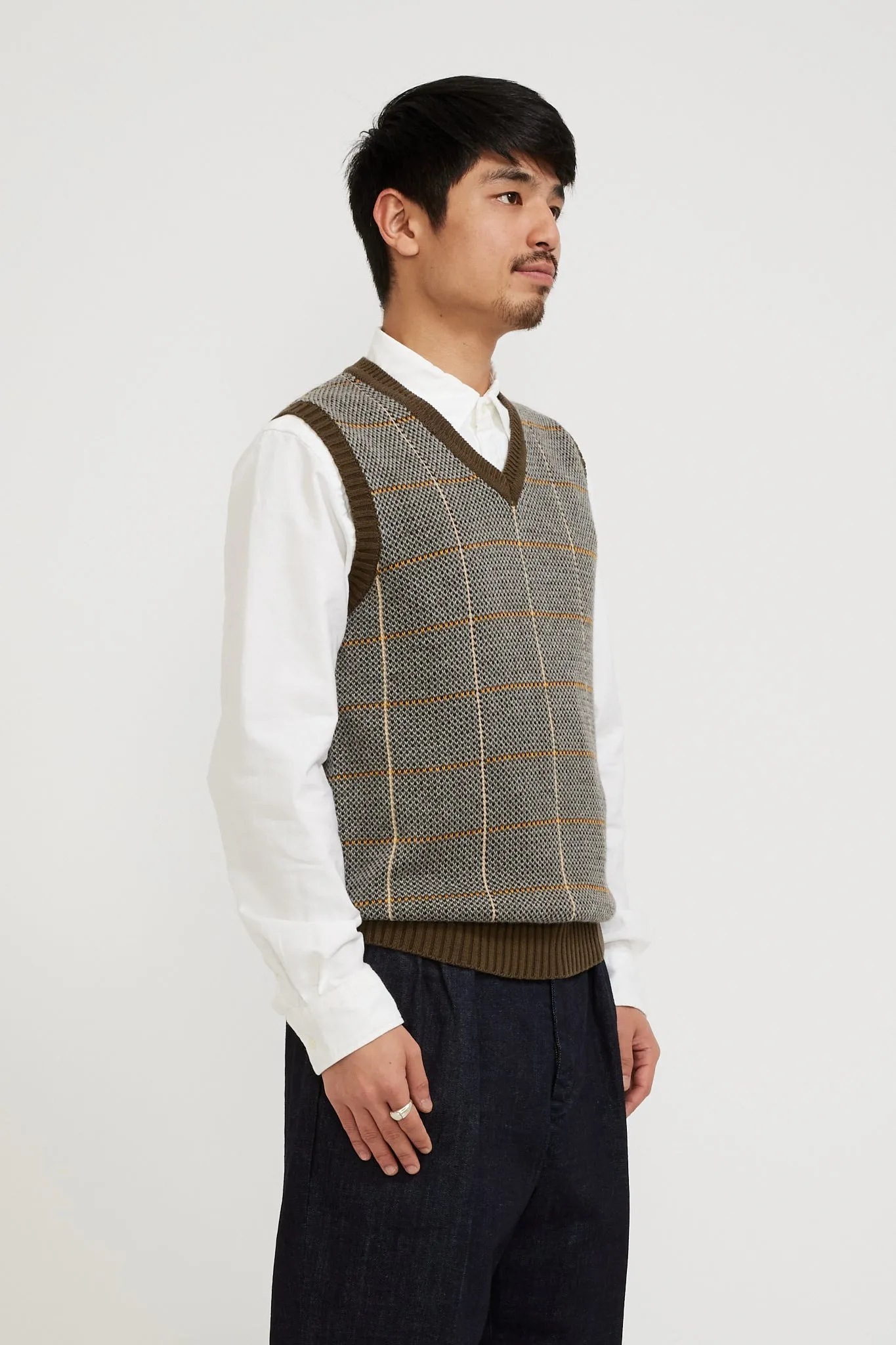 Cotton Linen Vest Plaid Olive
