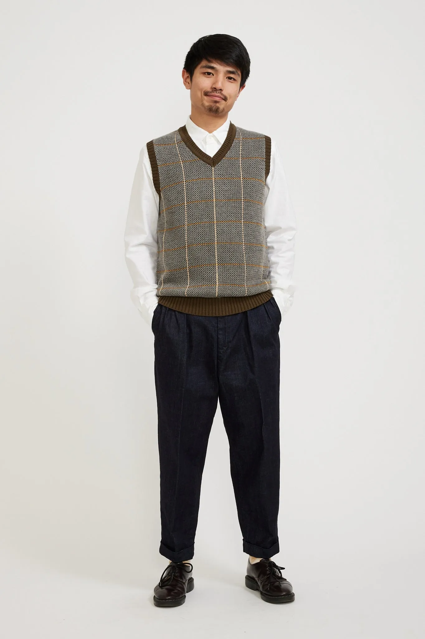 Cotton Linen Vest Plaid Olive