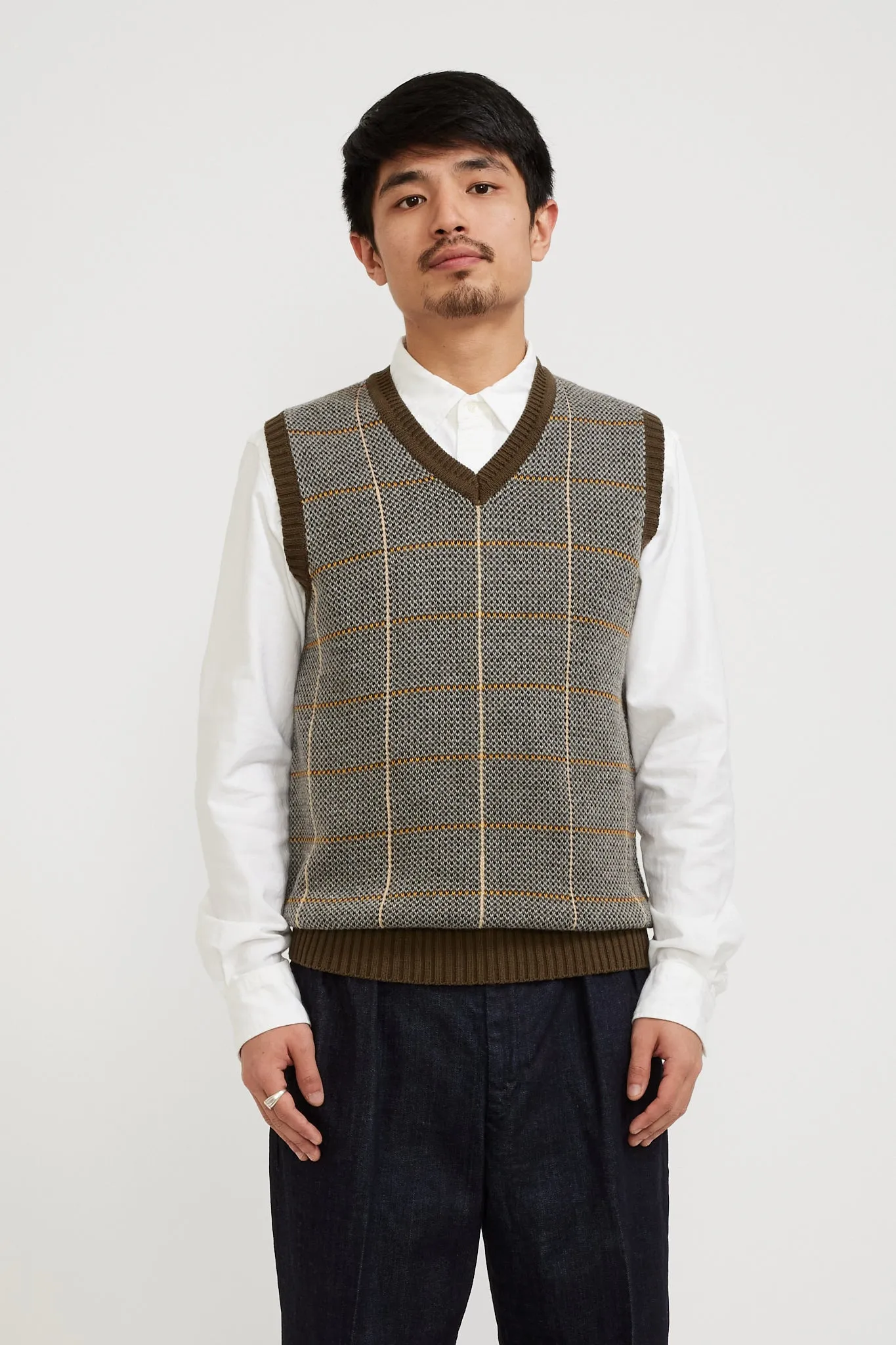 Cotton Linen Vest Plaid Olive