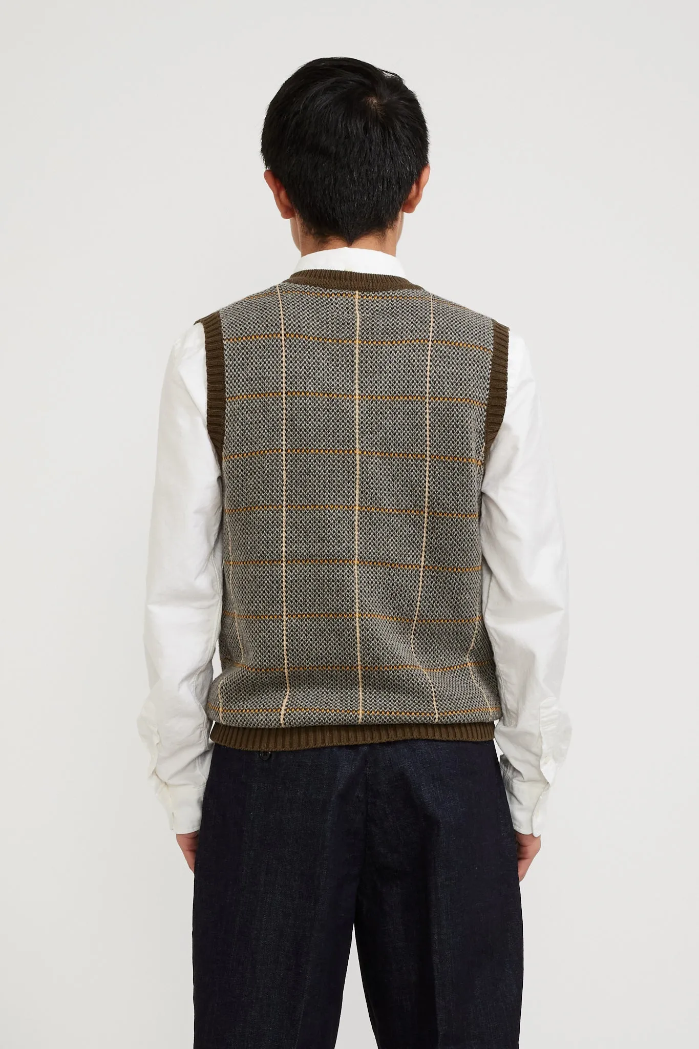 Cotton Linen Vest Plaid Olive