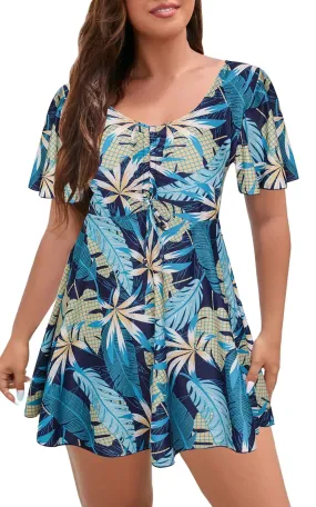 ECUPPER Womens One Piece Swimsuit with Sleeves Plus Size Swim Dress Modest Tummy Control Skirt Bathing Suit Built in Shorts Blue Leaf