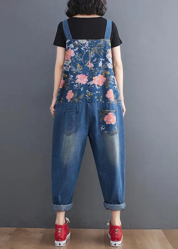Modern Blue Print Patchwork Denim Straight Overalls Jumpsuit Spring