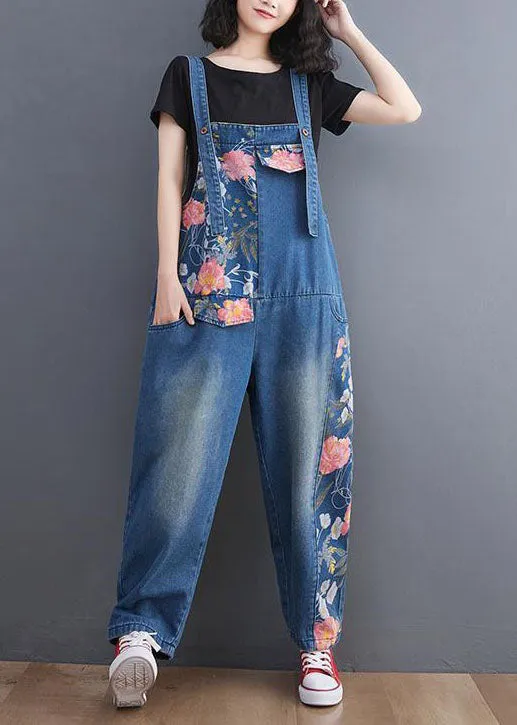 Modern Blue Print Patchwork Denim Straight Overalls Jumpsuit Spring