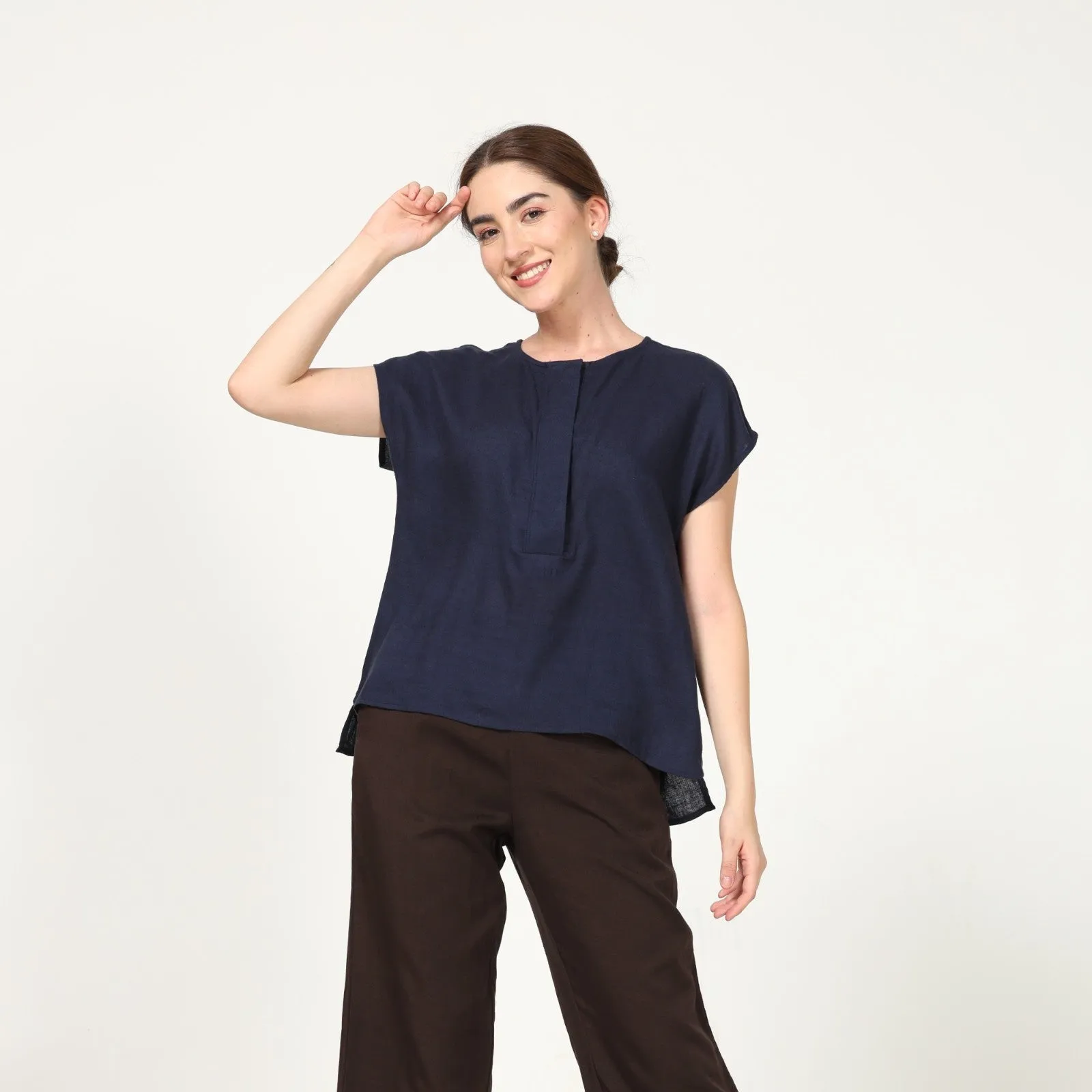 Navy Blue Women's Half Placket Top | Linen Modal | Chic Casual