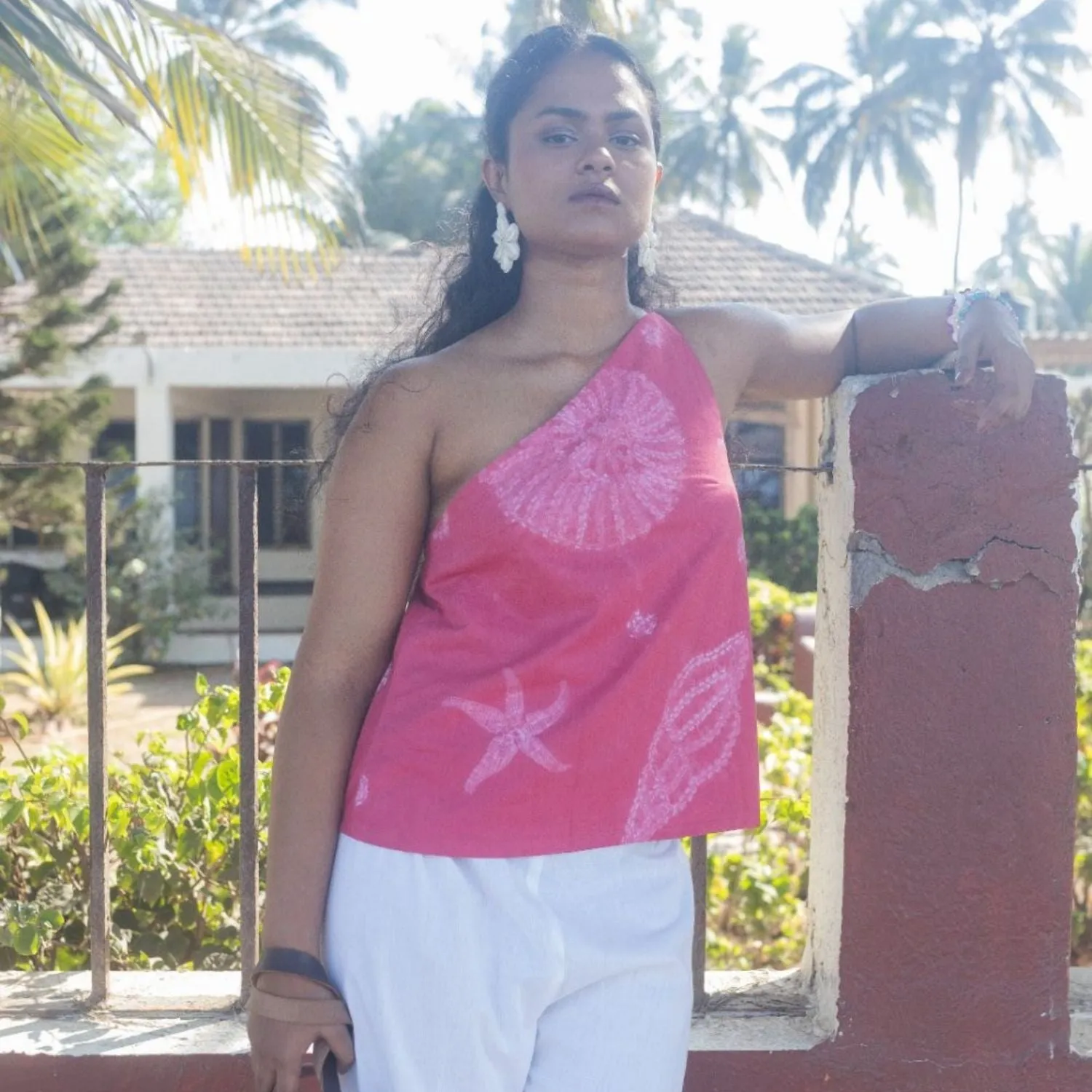 One Shoulder Top for Women | Shibori-Crafted | Cotton | Fuchsia Pink