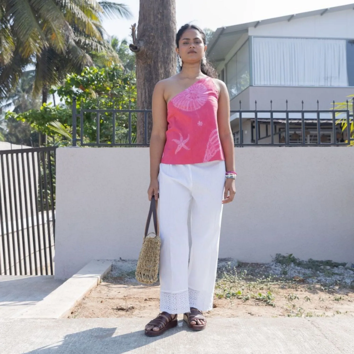 One Shoulder Top for Women | Shibori-Crafted | Cotton | Fuchsia Pink