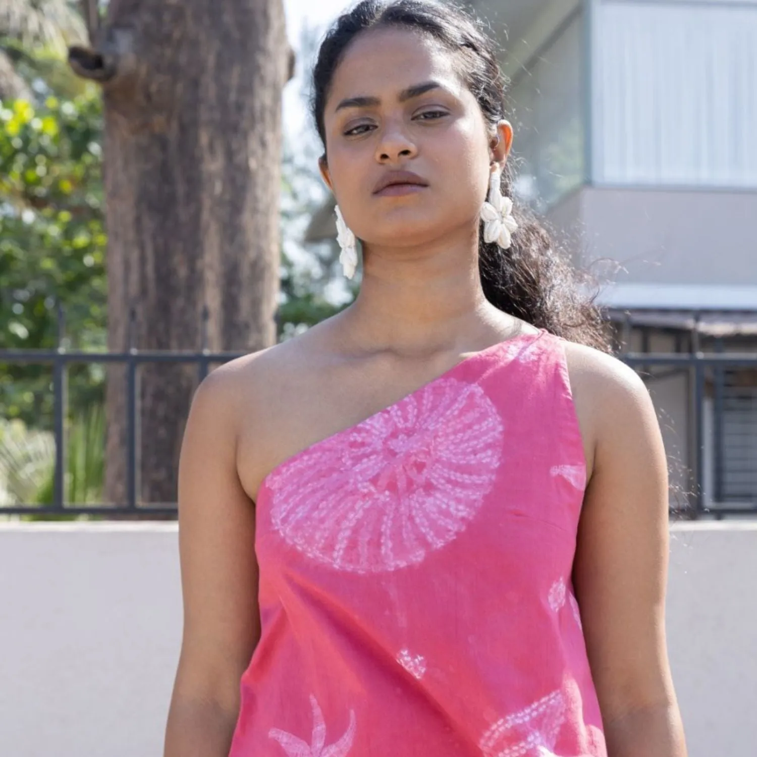 One Shoulder Top for Women | Shibori-Crafted | Cotton | Fuchsia Pink