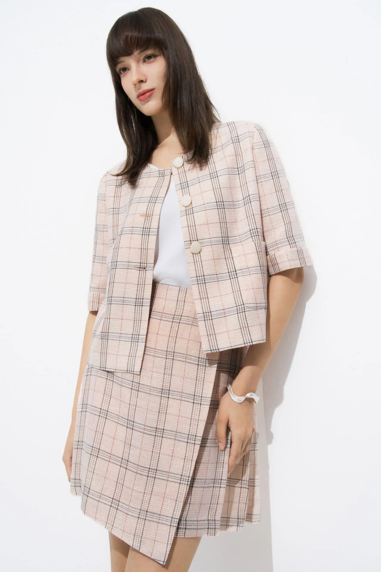 Plaid Checks Round Neck Jacket