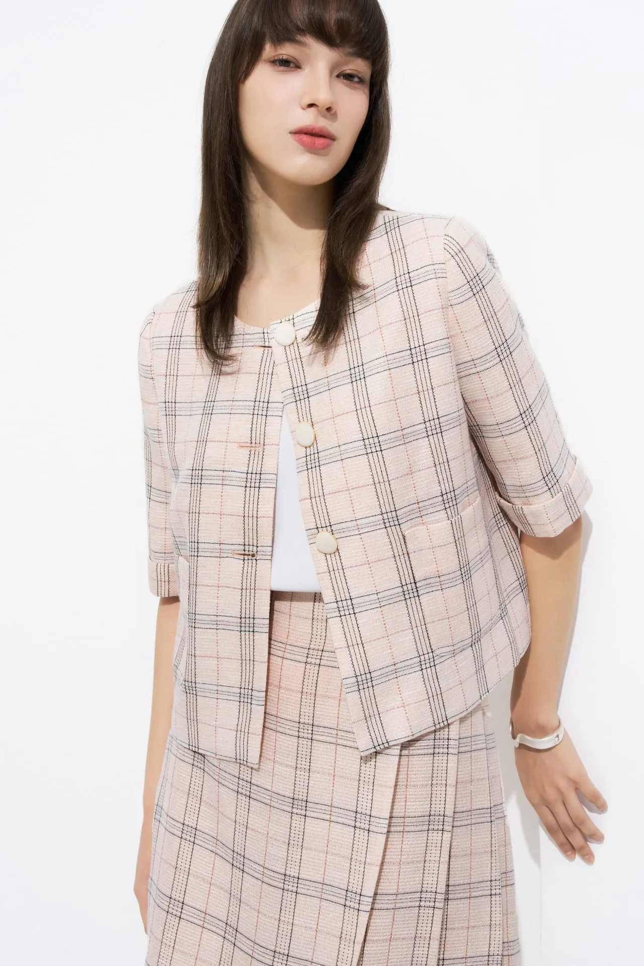 Plaid Checks Round Neck Jacket