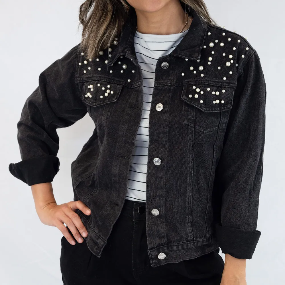 (White Pearl) Blank  Pearl Denim Jacket